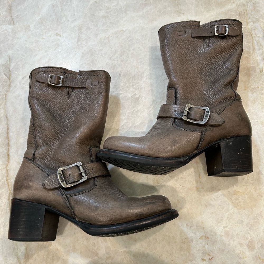 Frye Brown Combat Moto Boots with Buckle Details